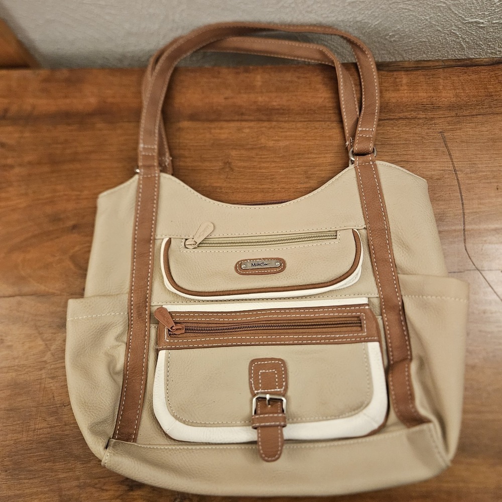 MultiSac Organizer Tote Shoulder Bag Beige Tan Brown Purse Multiple Pockets